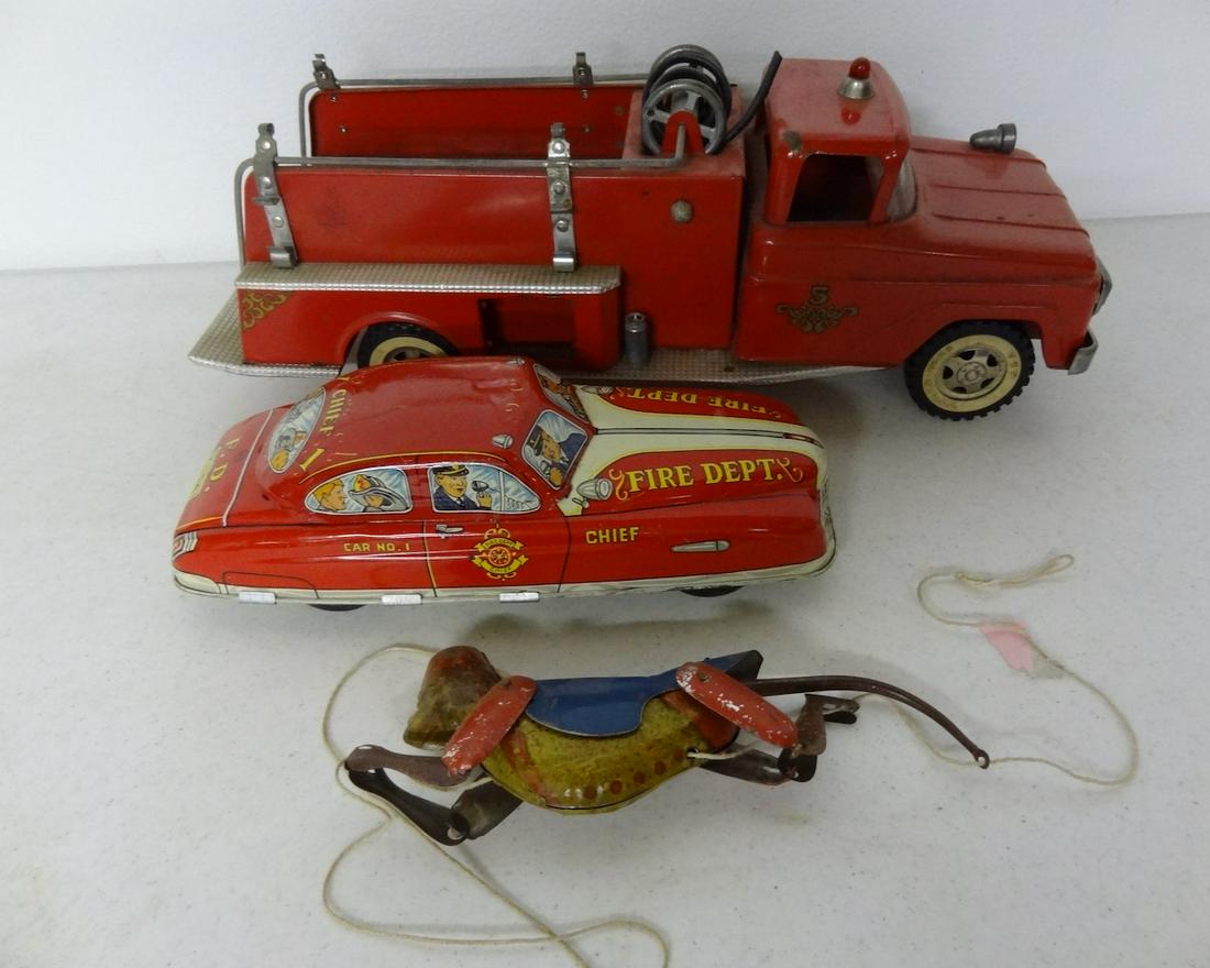 Tonka Fire Truck, Marx Fire Chief Car & Monkey Climber: Largest 18" X 5"