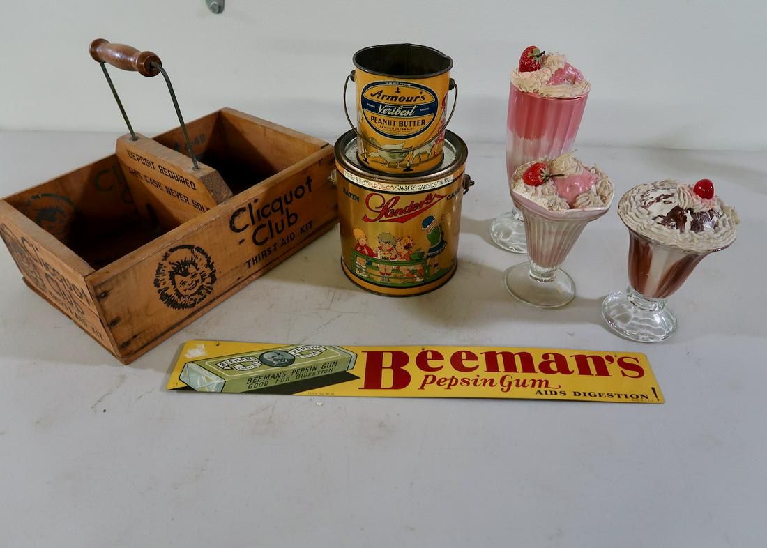 7 pcs of Old Advertising: 2 Peanut Butter Pails- Beeman's Pepsin Gum Tin Sign- 3 Soda Fountain Displays - Club Soda Carrier