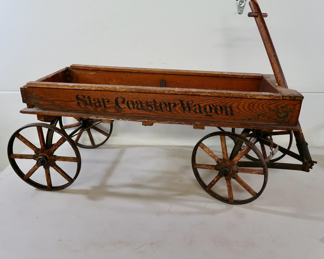 Wooden Wheel Coaster Wagon: Wagon has Spoked Wheels and Good Original Stencils & Writing- 40" Long X 18" Wide X 16" High