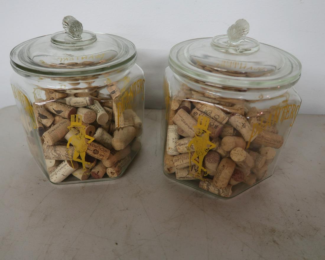 2 Planters Peanut Jars: With 50 Advertising Corks Inside- Each 7" Round X 10" High