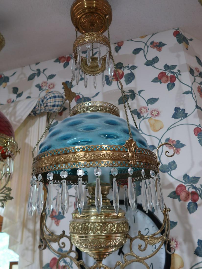 Victorian Hanging Lamp w/Blue Opalescent Shade (1 of 1)