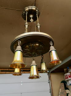 Chandelier Holding 5 Signed Stueben Shade's out of MPLS Home: 36" Drop with 20" Round Pan