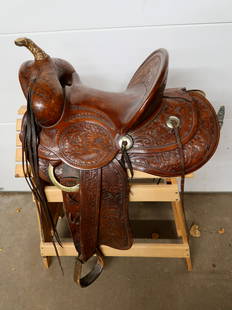 Western Saddle Co Denver Colorado Saddle: Heavily Engraved 24"x 39"x 14" Wide includes Stand