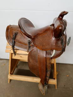 Heiser Denver Saddle on Stand: 24" x 39" x 14", nicely Engraved