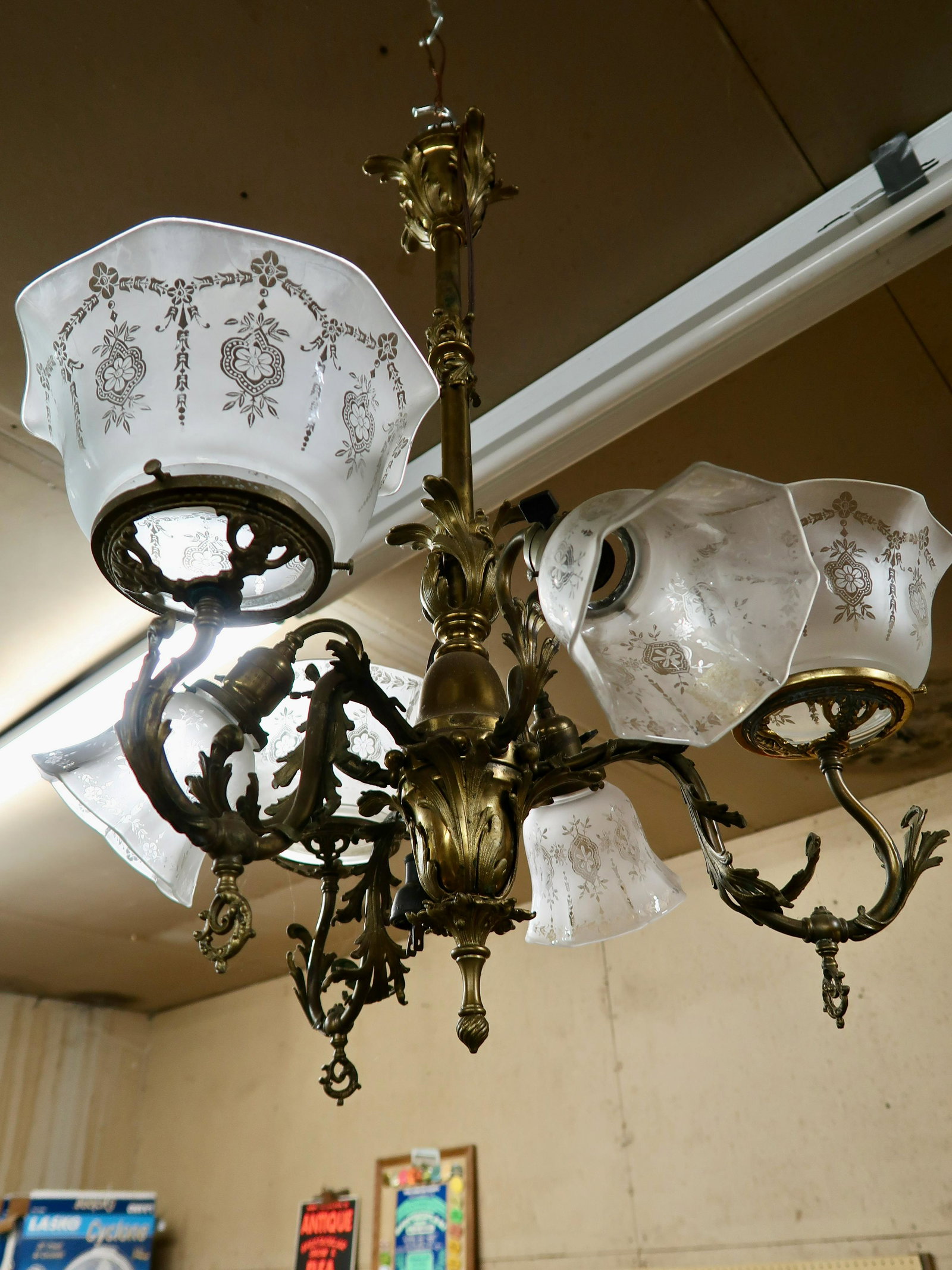 Ornate Victorian 6 Arm Gas & Electric Ceiling Fixture: With Shades, 30" Drop, w24" Span