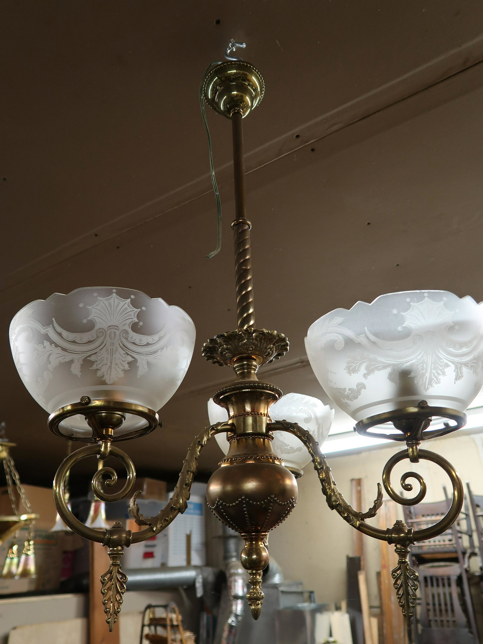 3 Arm Gas Fixture: 31" Drop + 18" Span, has been electrified