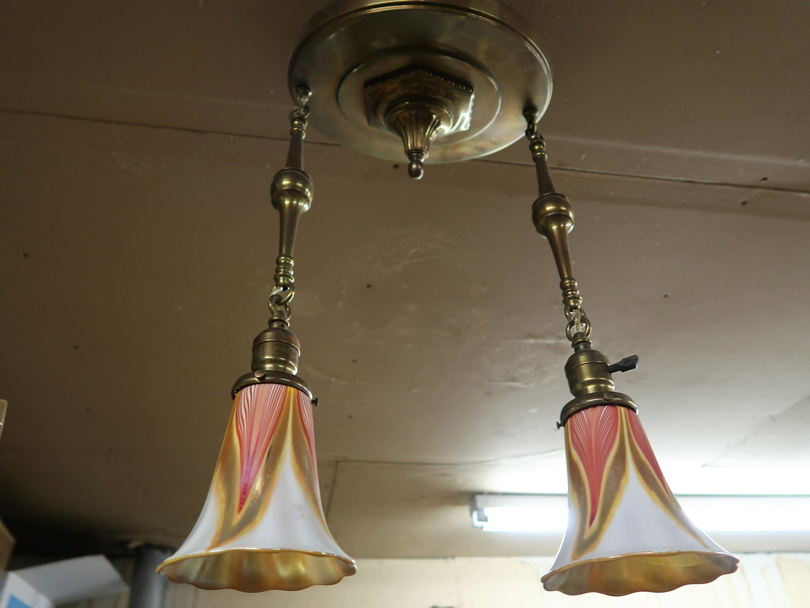 Double Brass Hall Light: w/feather art glass shades