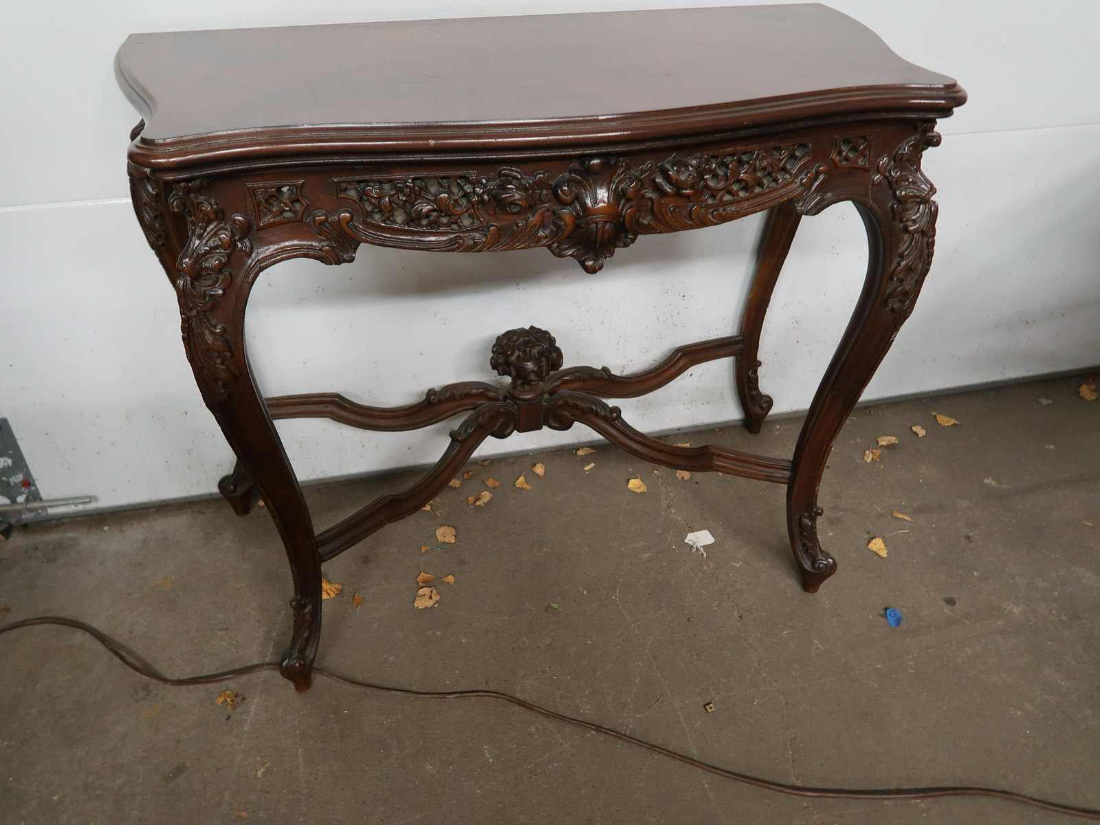 Ornately Carved 1930's Console Table: 38" X 18" X 30" Tall w/fruit Basket Stretcher