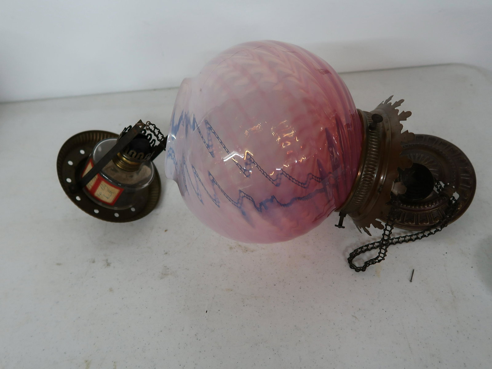 Original Pink Swirl Victorian Hall Light w/Org. Kerosene Inside: Adjusts up and down w/8" ball shade