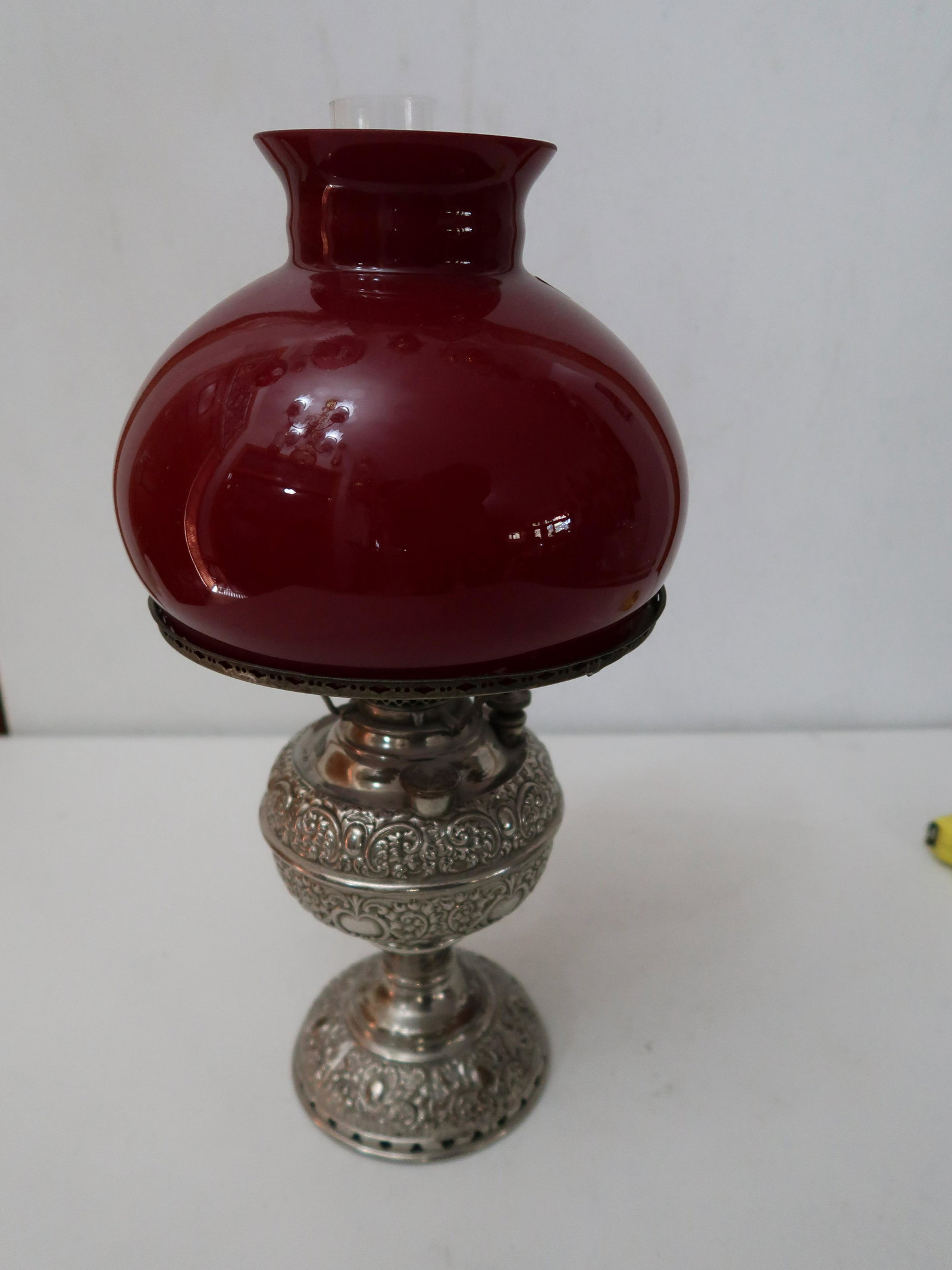 Junior Size Kerosene Lamp: Lamp is with Deep Red Cased Glass Shade 15" Tall w/8" Shade