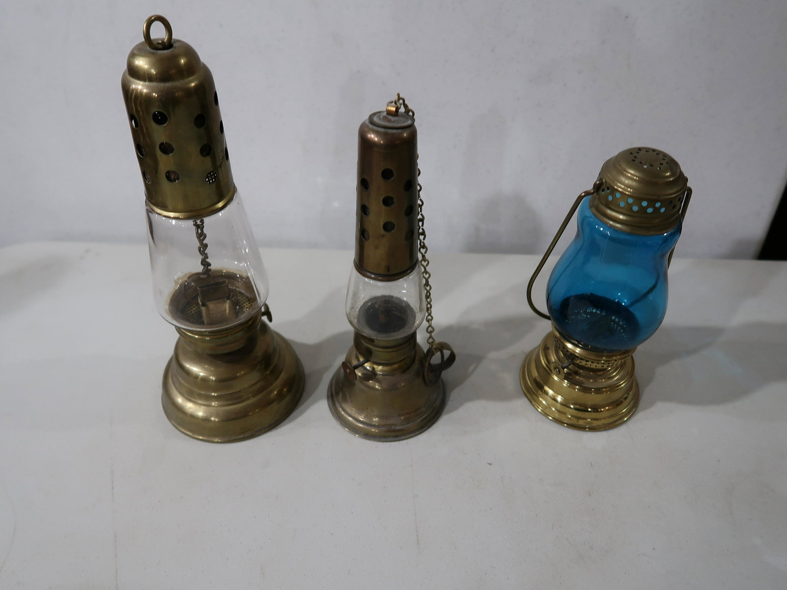 3 Early Old Skaters Kerosene Lamps: One dated 1867, Largest 9 1/2" Tall x 4" Round