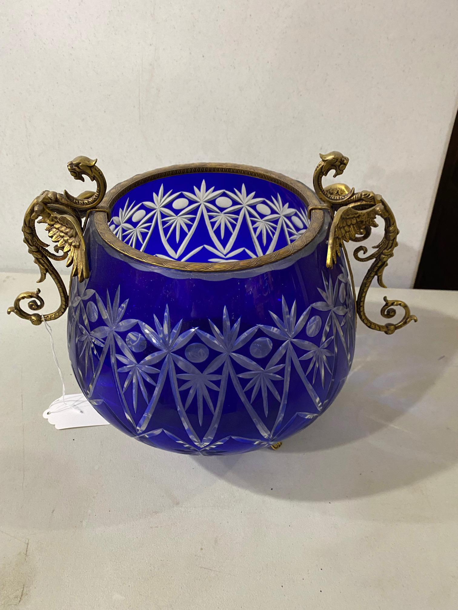 Large Cut Glass Center Bowl: w/Bronze Griffin Handles, 11" T x 14" Around