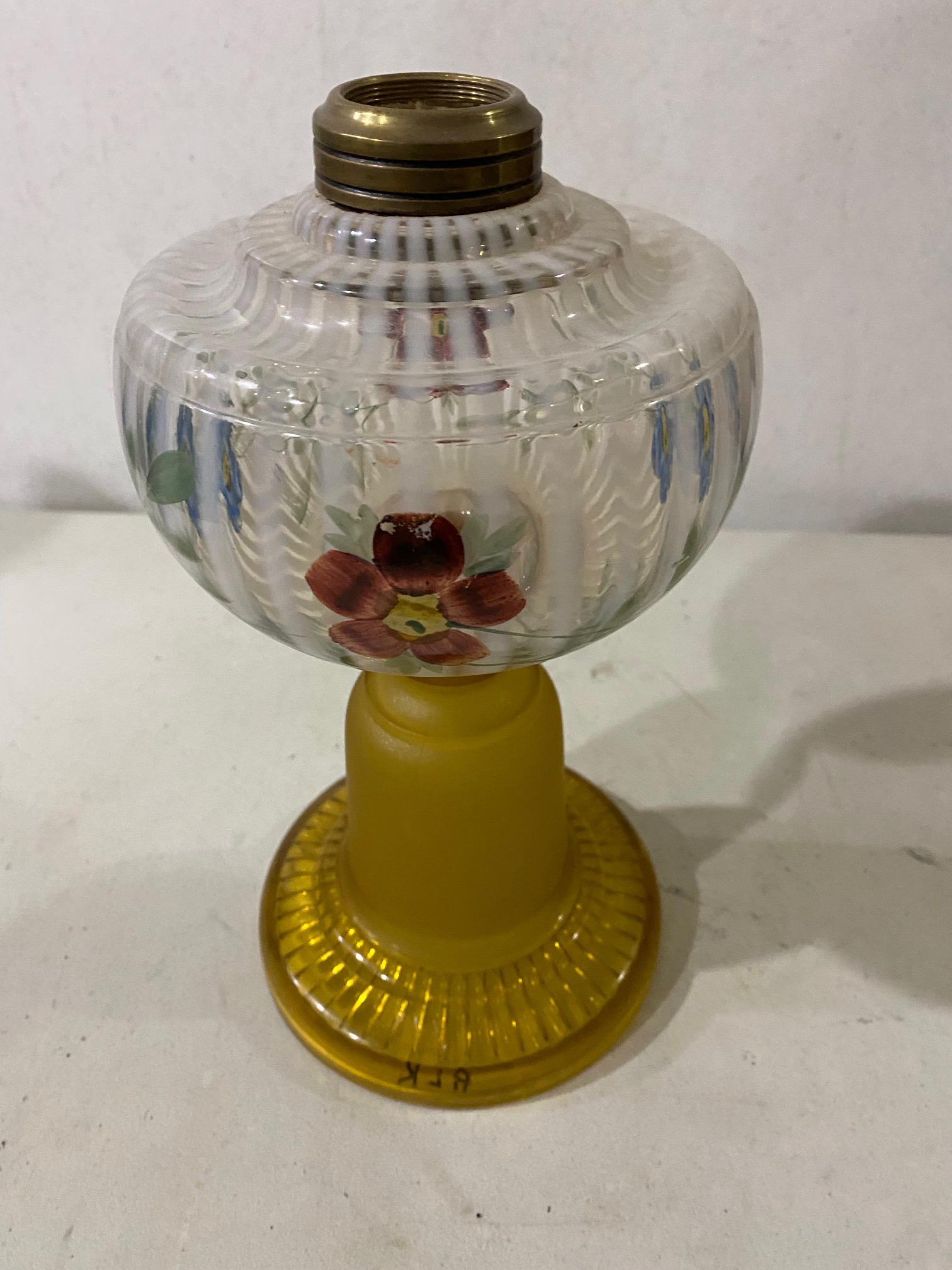 Unusual 2 Colored Kerosene Lamp: w/Opalescent Font, missing Burner, 10 1/2" Tall x 5 1/2 Round