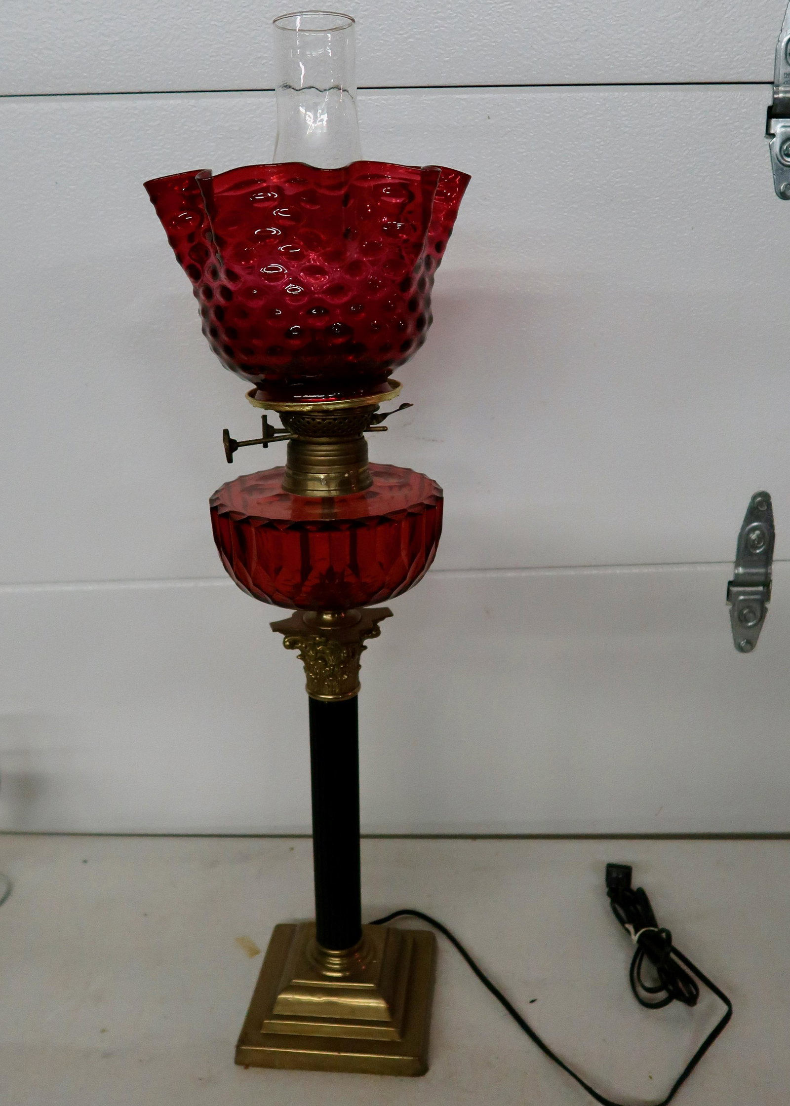 Cranberry Kerosene Lamp w/Brass Base: Electrofied- 32" Tall w/ 6 1/2" Font