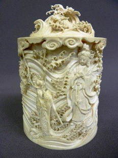 Fantastic Late 19th/20th Century Carved Ivory Tusk: Fantastic Late 19th/20th Century Carved Ivory Tusk Pot with Lid of Women, Dragon, and Half Man. Signed in two places- 8" Tall by 5 1/4" Rd.