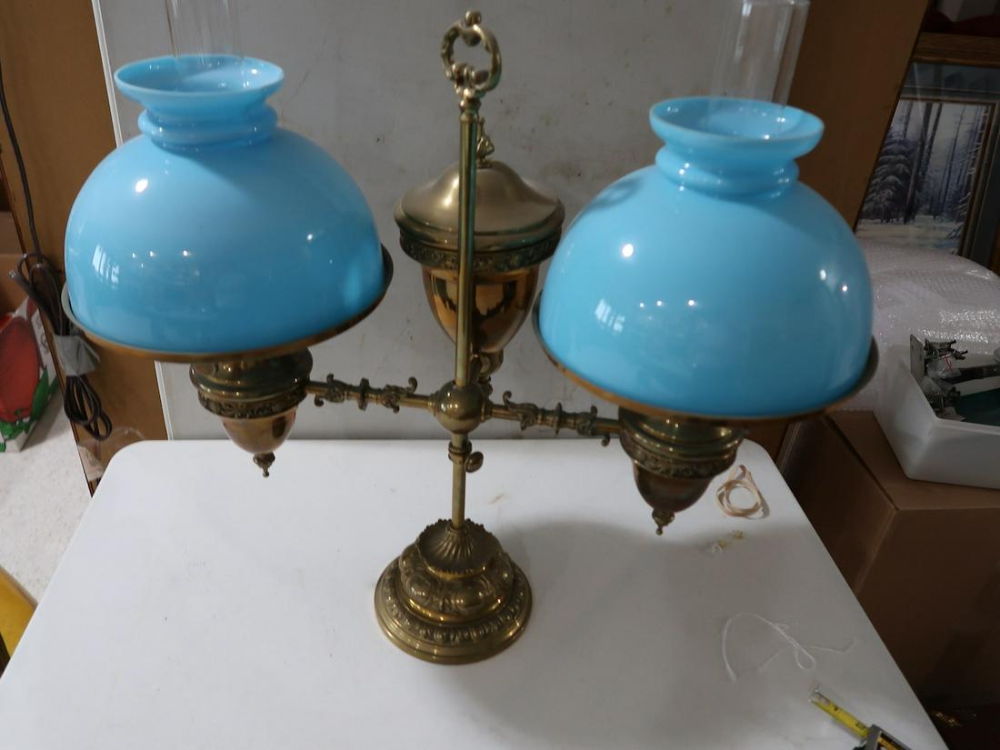 Fabulous Brass Double Student Lamp (2 Case Glass Blue Shades) (1 of 5)