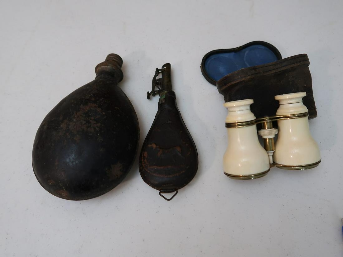 2 Powdered Flasks & Binoculars: Largest Flask 9" Tall