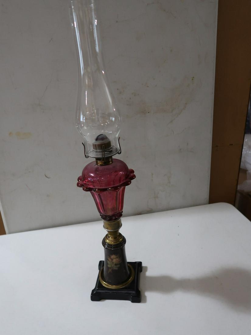 Tall Cranberry Kerosene Pedastal Lamp: 24' Tall x 4" Square Base