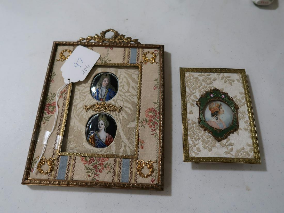 2 Framed Lady Paintings on Porcelain (Circa 1800): Largest 10.5" Tall