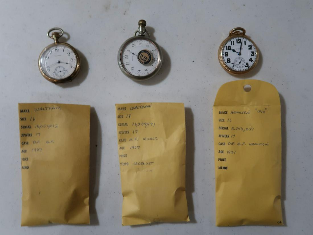 3 Early Pocket Watches (2 Waltham 17 Jewel, 1 Hamilton 17 Jewel) Age: 1907 & 1931: 16, 18, 16 Size