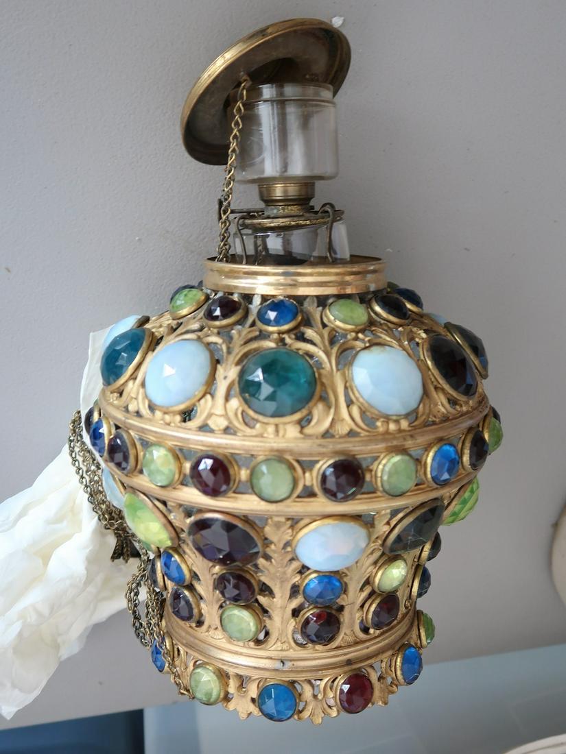 Ornate Jeweled Hall Lamp w. Original Kerosene Inside & Frame (1 of 3)