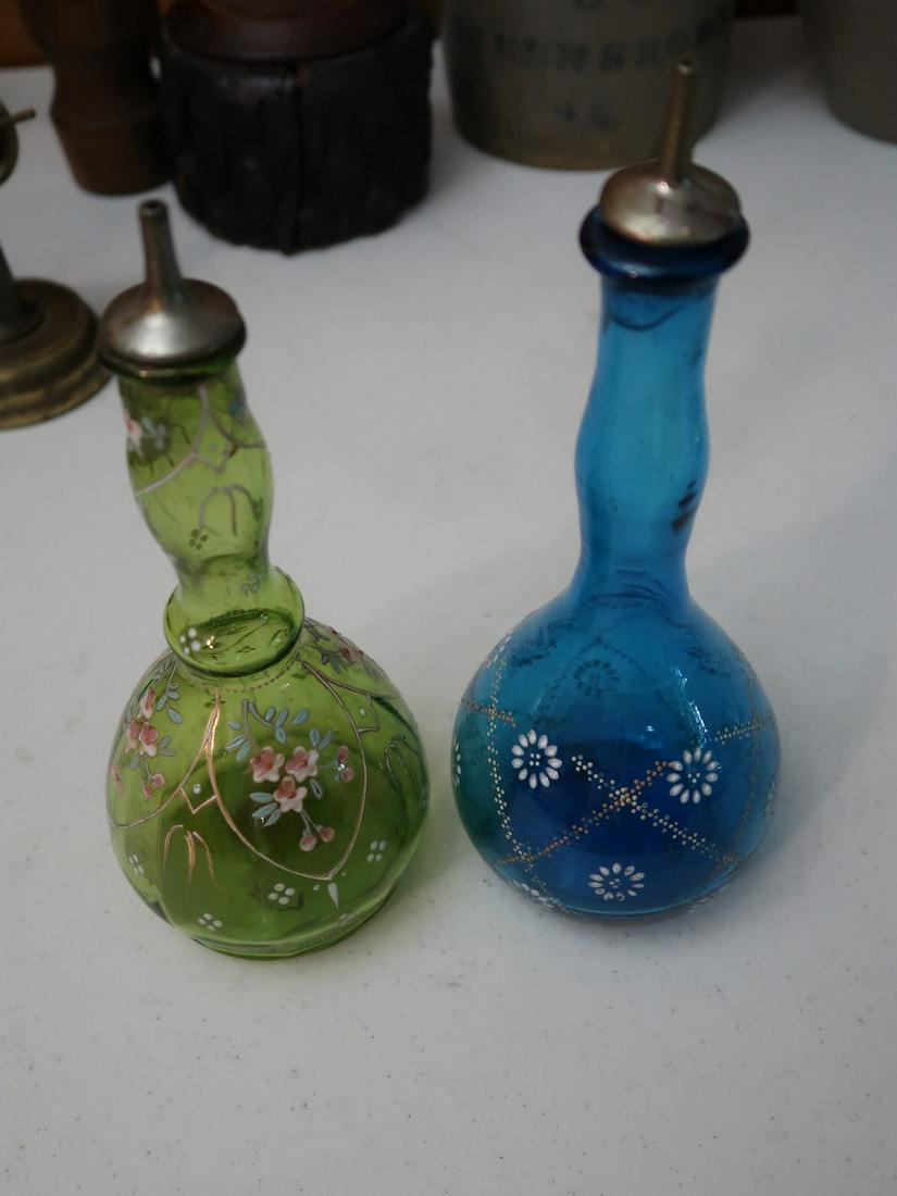 2 Early Enameled Barber Bottles: Tallest 9.5"