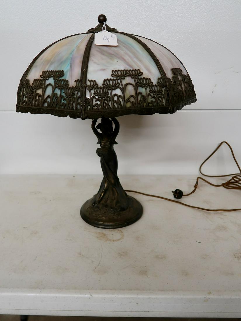 Art Nouveau Stained Glass Panel Lamp w/Bronze Base (1 of 5)