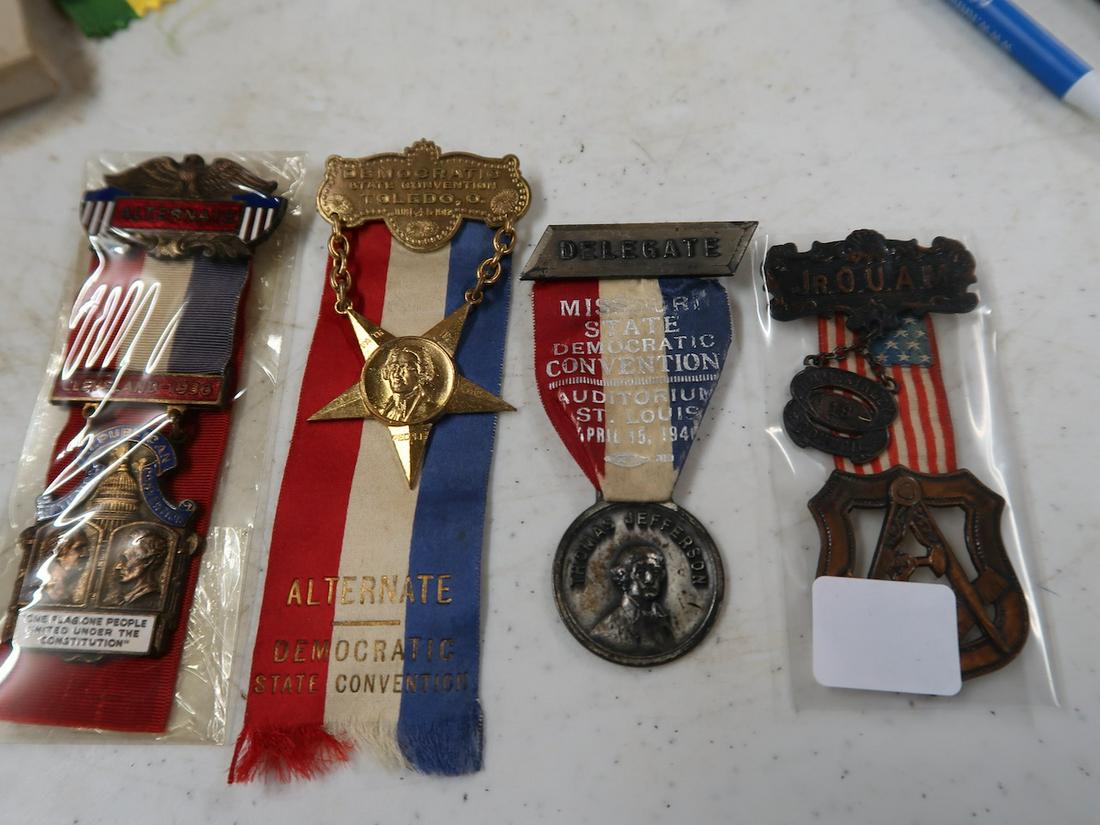 4 Political Badges.: One with Thomas Jefferson on it. One from the McKenley Council Jr. O.U.A.M.