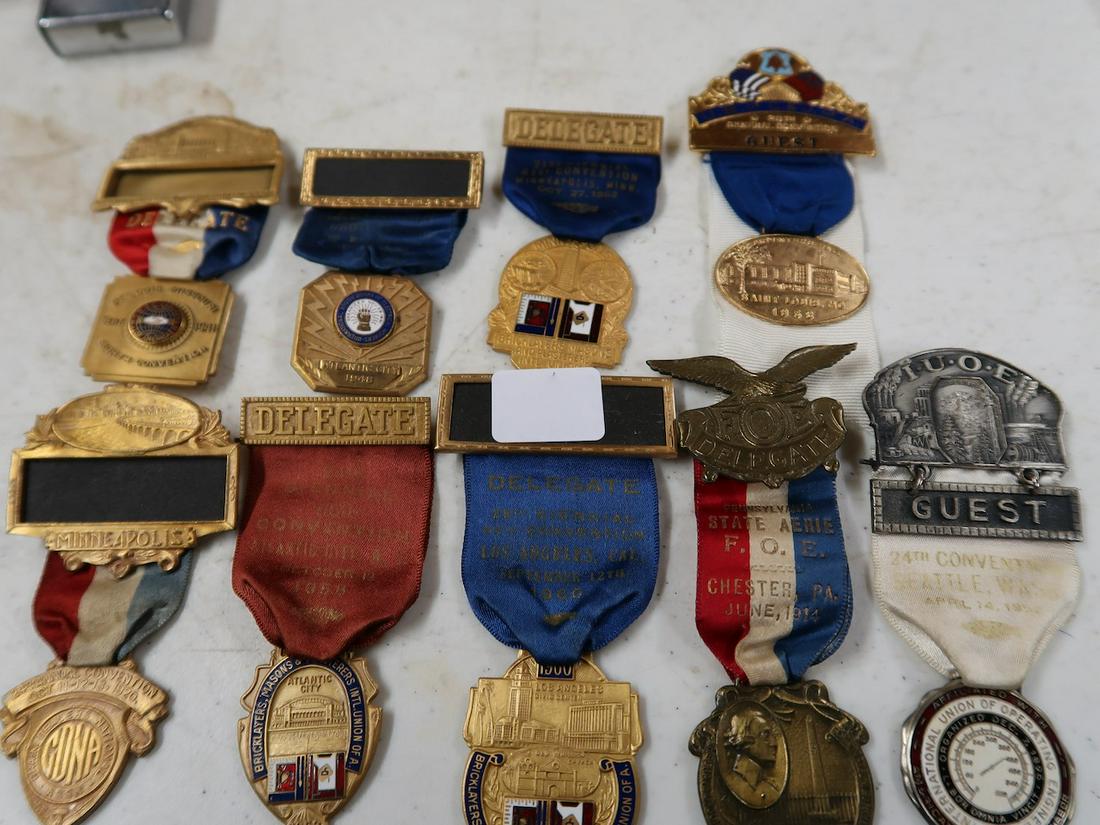 9 Delegate Badges.  One 1914 F.O.E. Badge (1 of 3)