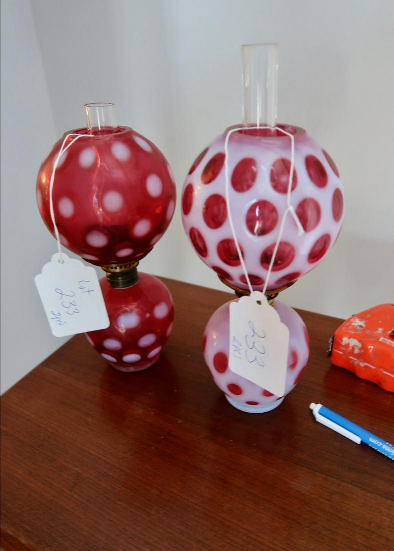 2 Cranberry Miniature Kerosene Lamps: 10.5" T