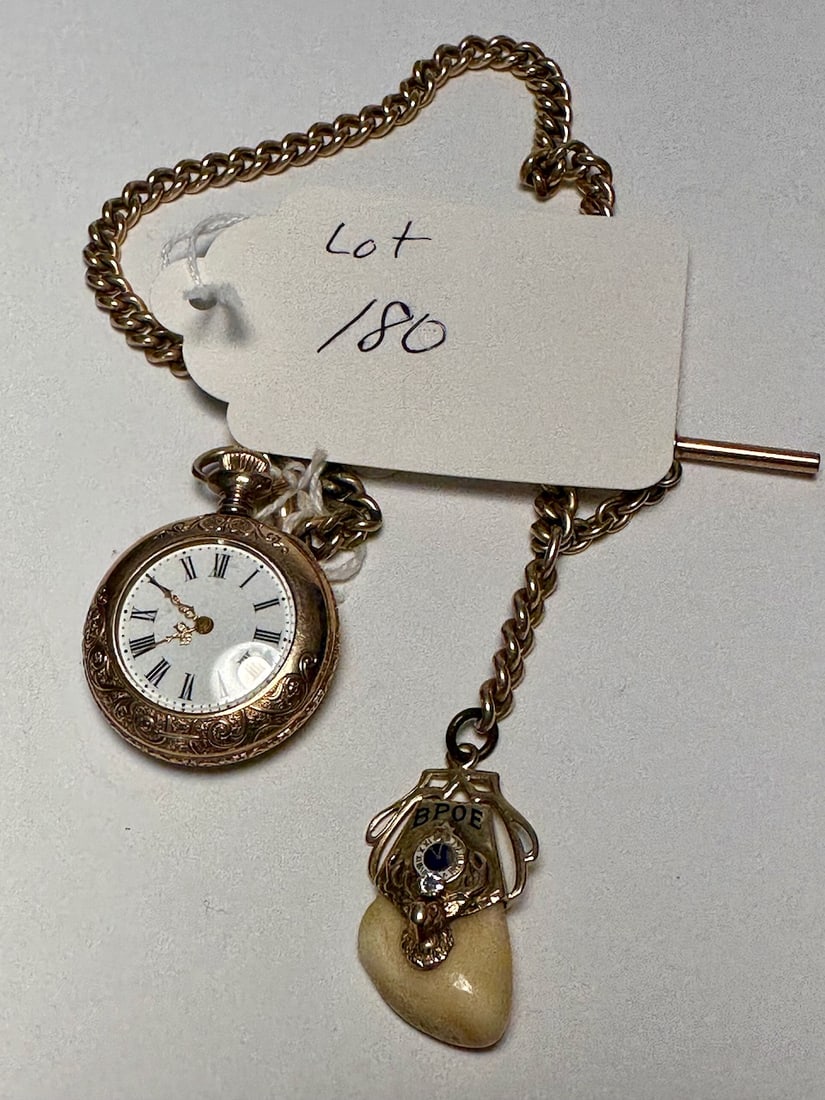 New England Cavour Lady's Pocket Watch w/ BPOE Chain + FOB (1 of 5)