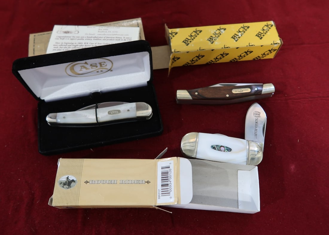 Case "Mother of Pearl" & Rough Rider Pocket Knives & 1 Buck Knife (1 of 4)