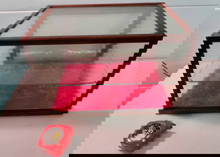 Early Gillette razor Countertop Showcase: 12" Tall X 18 1/2" Wide X 13 1/2" Deep- With Etched Front Glass that says Property of Gillette Razorcop on Back Door