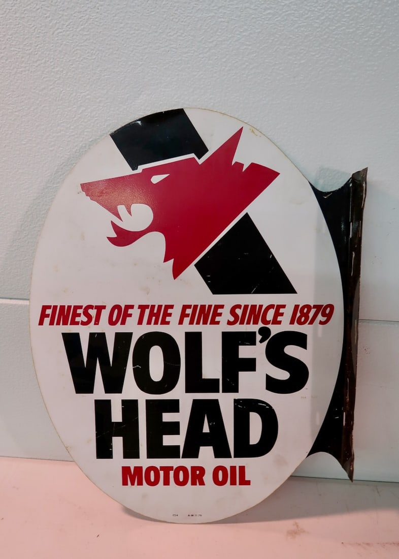 Wolf's Head Motor Oil Tin Flange Advertising Sign (1 of 3)
