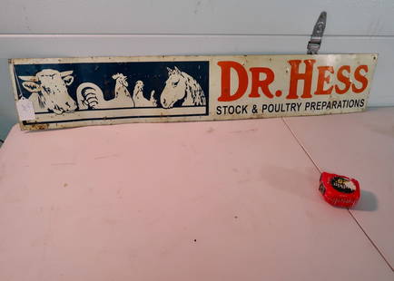 Dr. Hess Stock & Poultry Preparations Advertising Tin Sign: 48" Long X 9" High