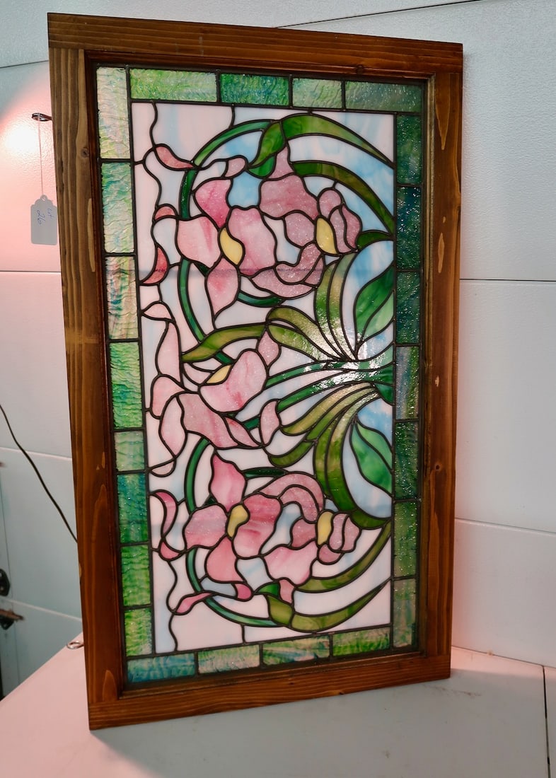 Large Framed Floral Stained Glass Window (1 of 3)