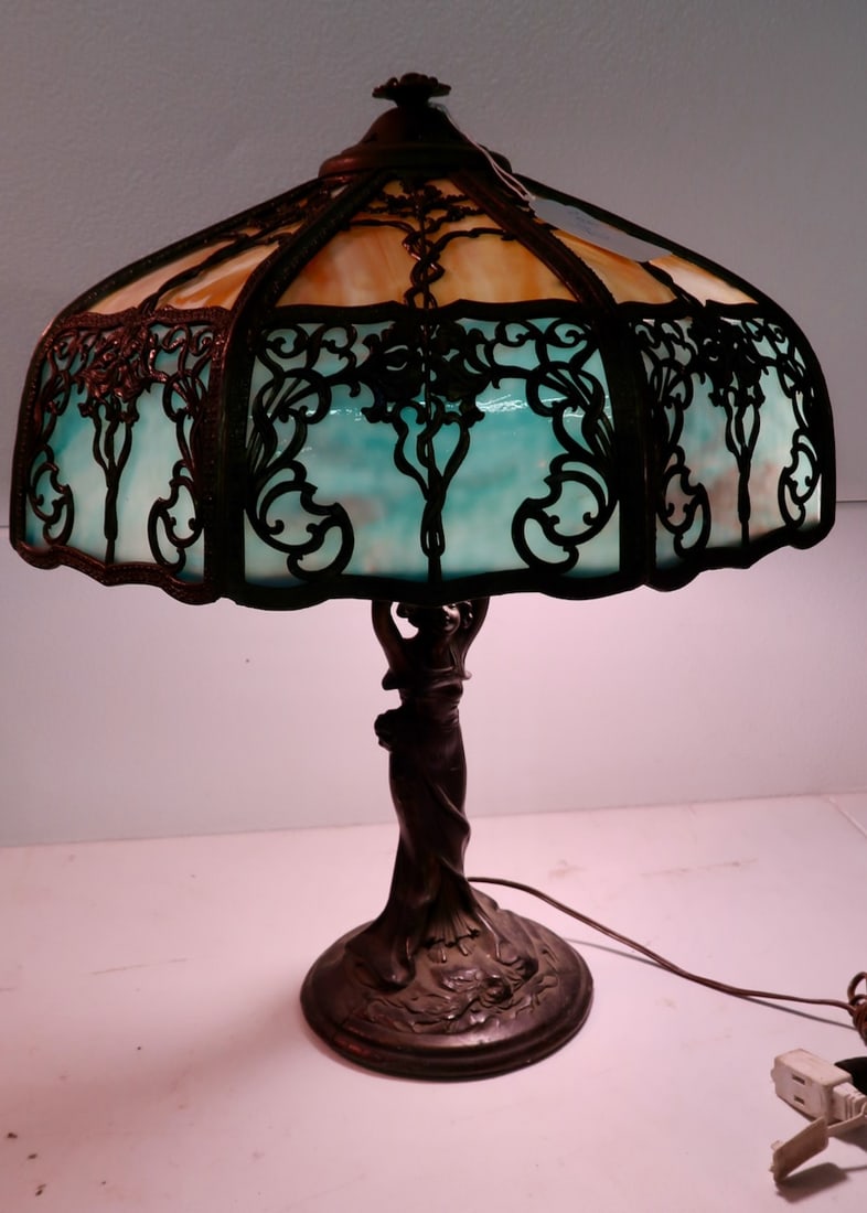 Ornate Figural Based Stained Glass Panel Lamp Auction
