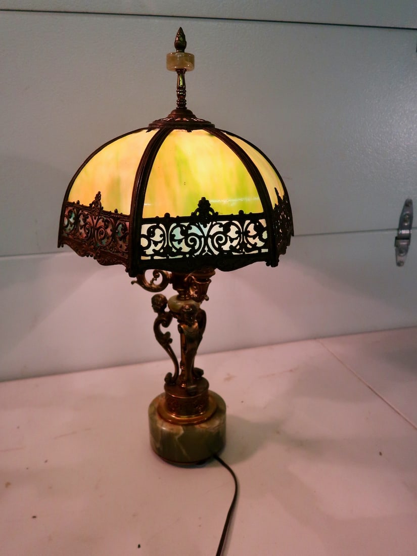 Ornate Victorian Stained Glass Panel Lamp (1 of 6)