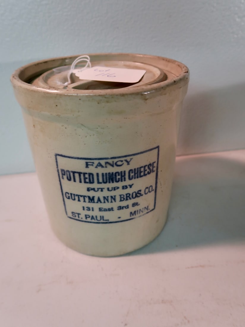 Redwing 1 Gallon Crock with Cover: Advertise Fancy Potted Lunch Cheese Guttman Brother's Co. 131 E. 3rd St. in St. Paul, MN- 7" High X 7' Round