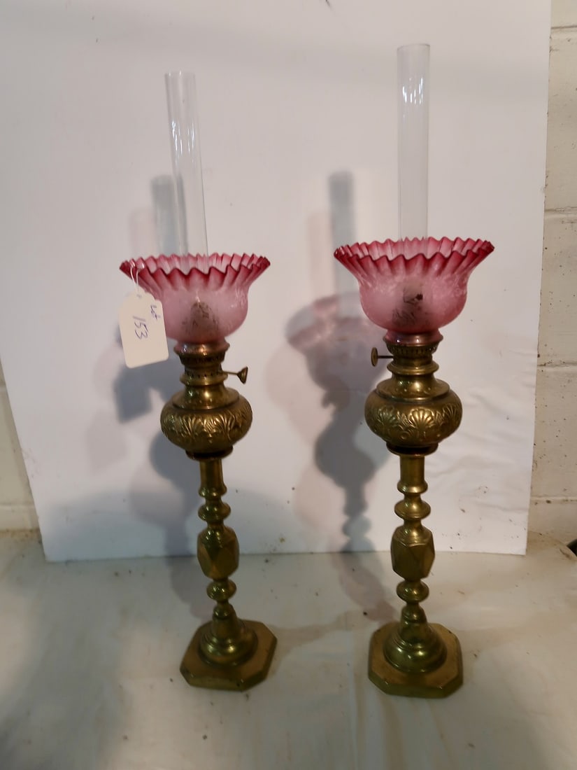 Pair of Candlestick Victorian Brass Kerosene Lamps (1 of 3)