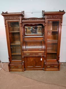 Fabulous Carved East Lake Victorian Walnut Bookcase + Desk Combination (3 Sections): 77" T x 70" W x 24" D