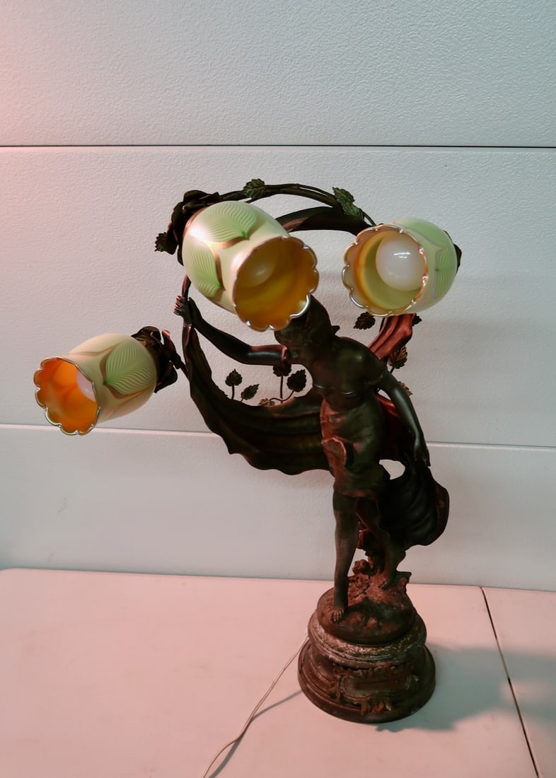 Large Figural Victorian 3 Light Lady Lamp w/ 3 Signed Steuben Shades (1 of 6)