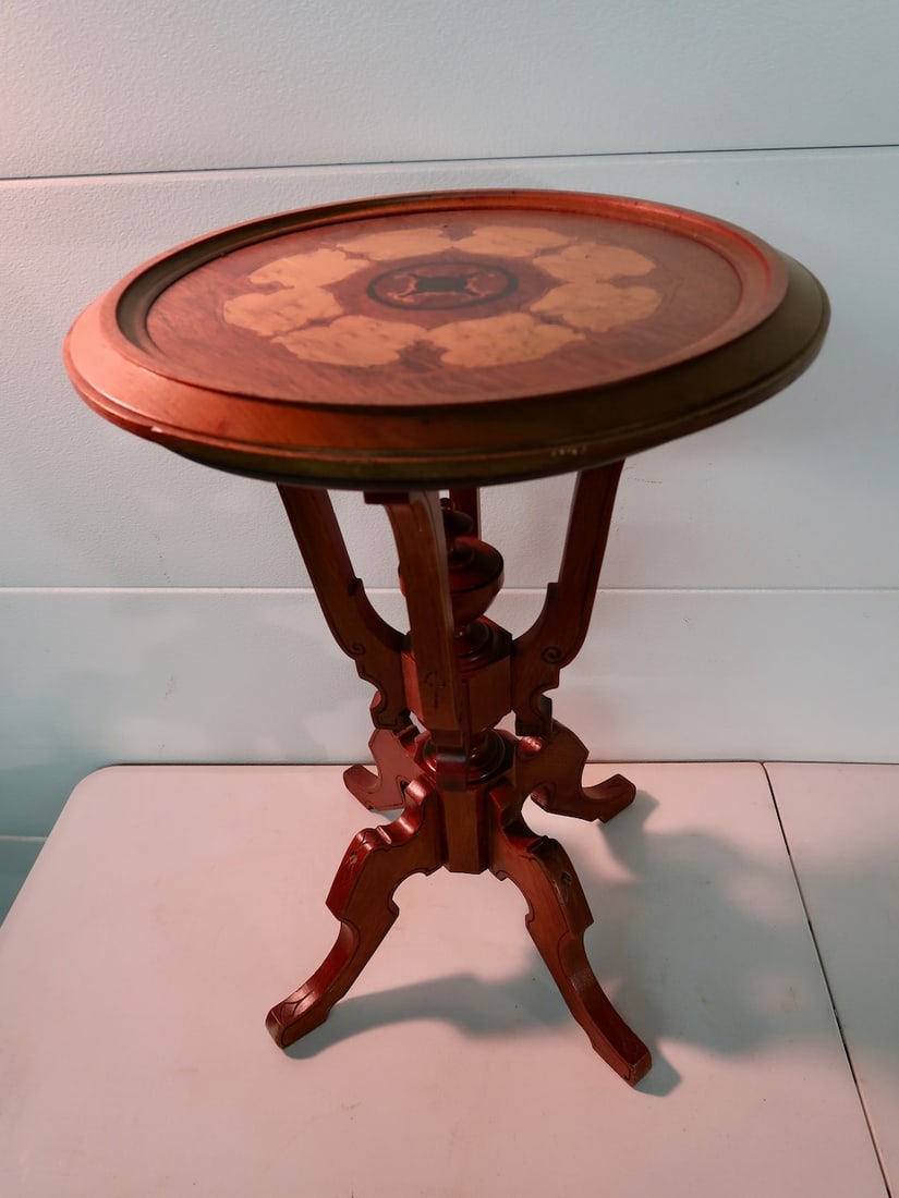 Round Victorian Walnut Table w/ Inlaid Top (1 of 3)