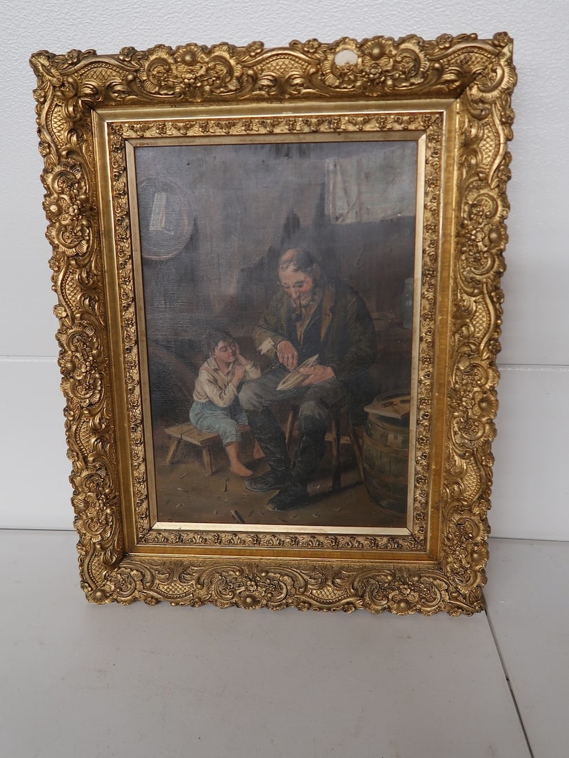 Ornately Framed Oil Painting on Canvas - Boy/Gentlemen Building Pond Boat - Patented 1895 (1 of 5)