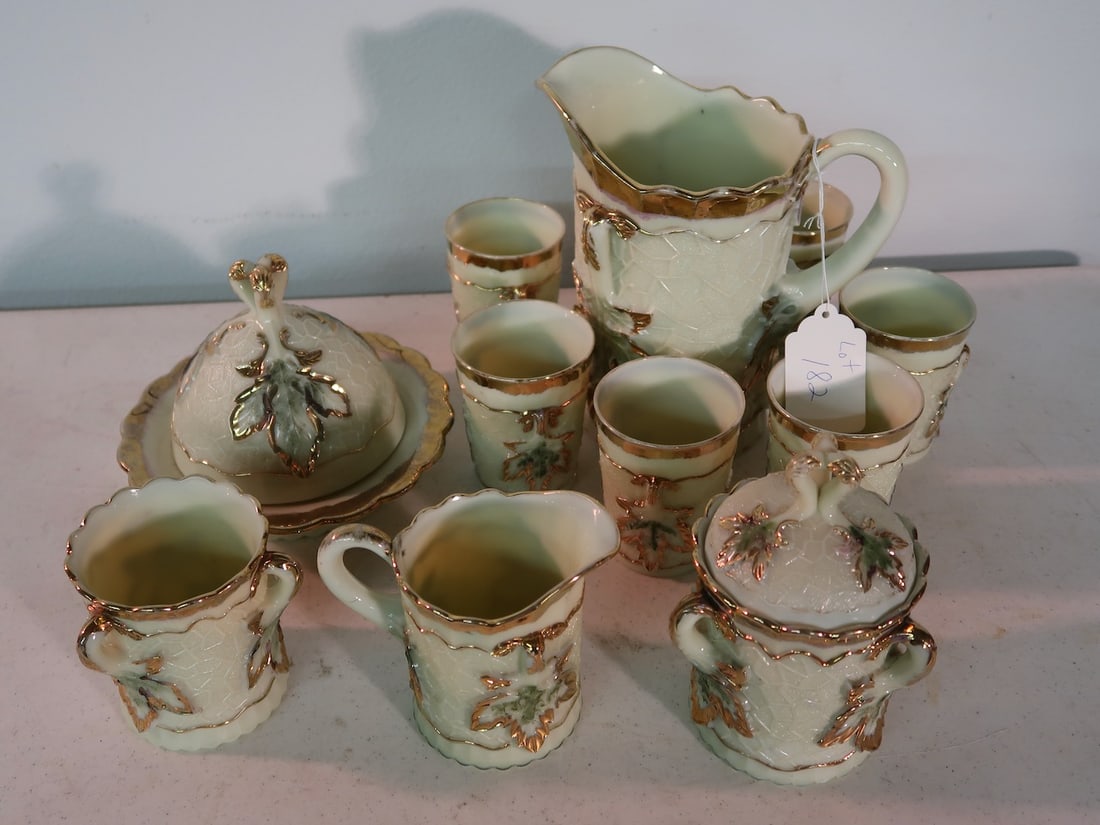 11 Piece Custard Glass Water Pitcher & Glasses Butter Dish Cream + Sugar & Covered Condiment (1 of 4)