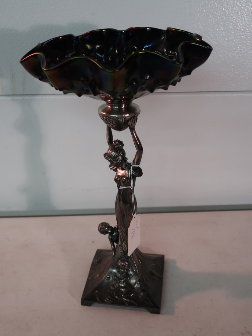 Large Victorian Art Glass Center Bowl w/ Figural Mother & Silver Plate Base (1 of 4)