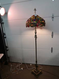 Antique Floor Lamp w/ Reproduction Tiffany Lead Glass Shade (Dragon Fly Pattern): 62" T x 17" Shade