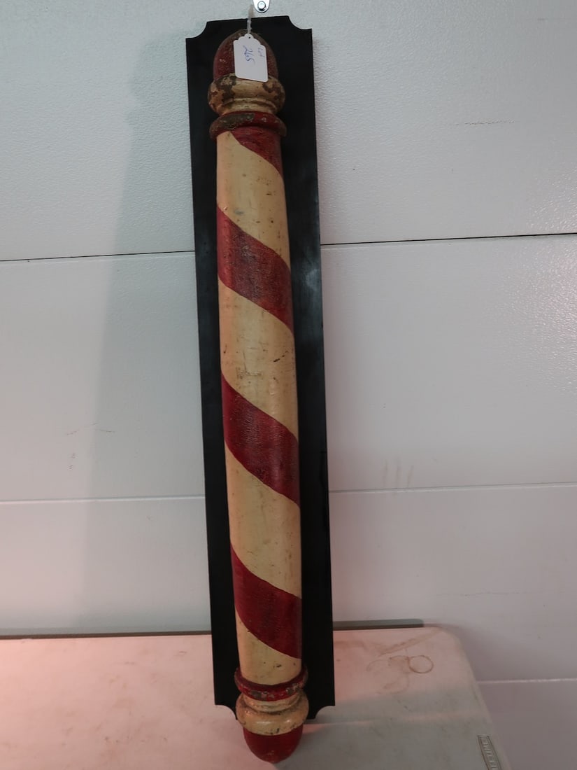 42" Wooden Barber Pole Mounted on Newer Back Plate of Wood in Black (1 of 4)