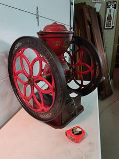 Large Enterprise Country Store Coffee Grinder w/ Great Paint & Stenciling (Pt. Date: July 12, 1898): 25" T x 19.5" Wheel x 17" W