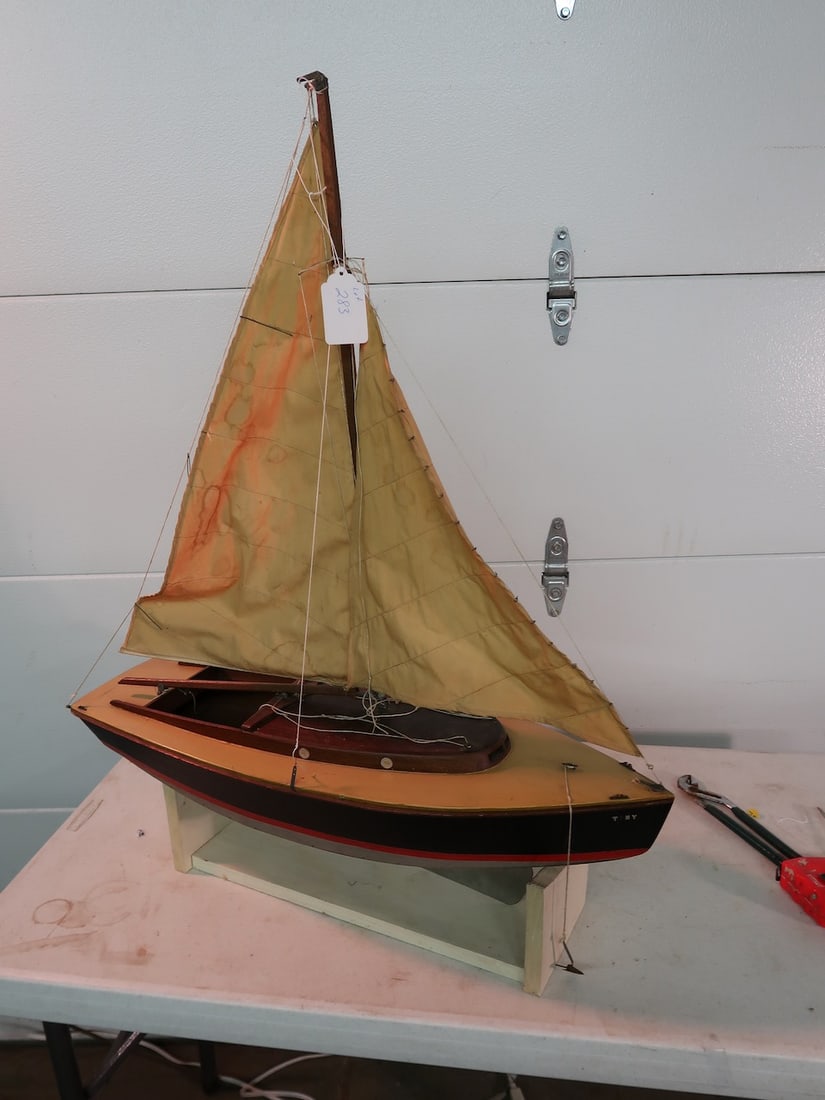 Early Original Pond Sail Boat in Original Paint: 36" T x 30" L x 8" W